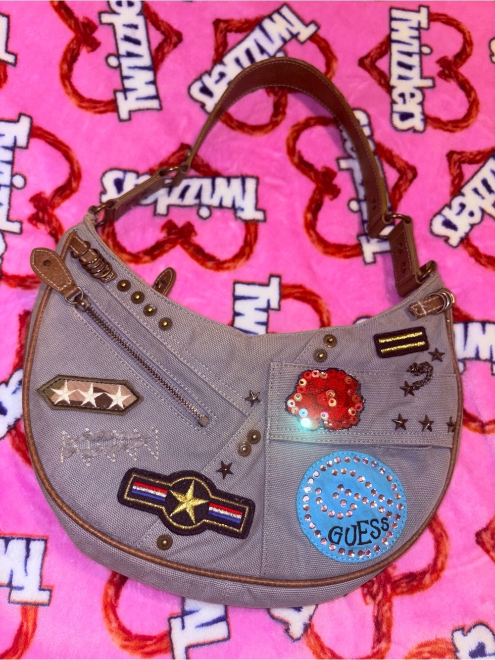 GUESS Army Grey Denim Star Patchwork Shoulder Bag ⭐